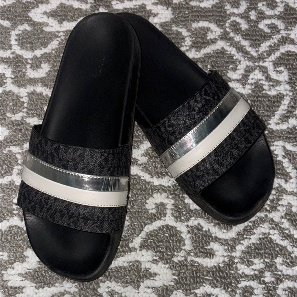 Michael Kors Black and Silver Slide Sandals